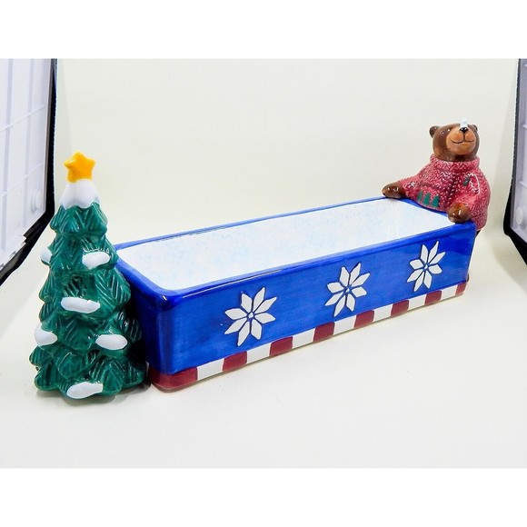 St Nicholas Square Christmas Tidbit Cracker Dish 1999 Bear Christmas Tree - Picture 2 of 14